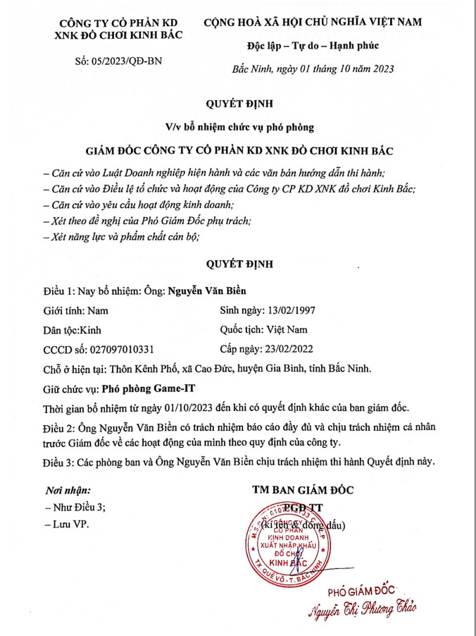 Quyết định bổ nhiệm phó phòng Game IT