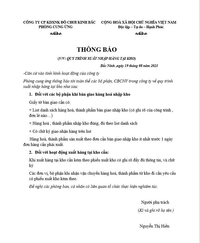 Thông báo về quy trình xuất nhập hàng tại kho