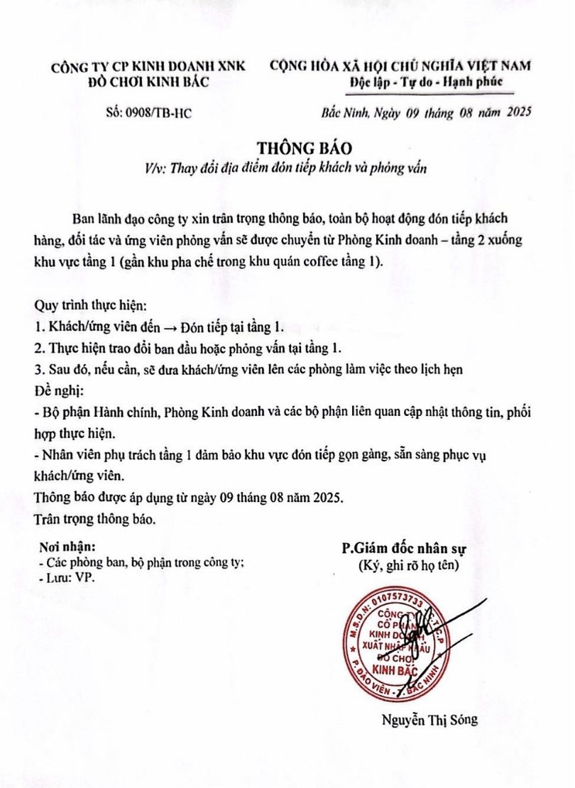 THÔNG BÁO VỀ THAY ĐỔI ĐỊA ĐIỂM ĐÓN TIẾP KHÁCH VÀ PHỎNG VẤN