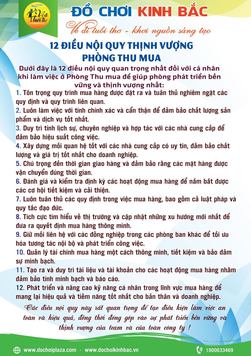 12 điều nội quy quan trọng nhất đối với cá nhân khi làm việc ở Phòng Thu mua