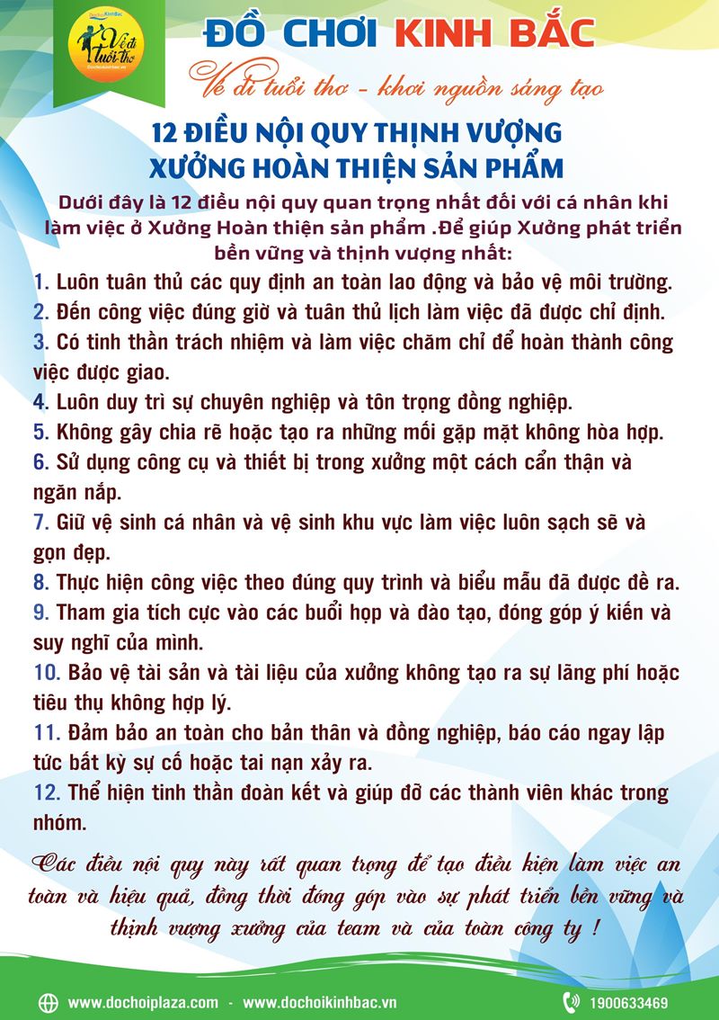 12 điều nội quy quan trọng nhất đối với cá nhân khi làm việc ở Xưởng Hoàn thiện sản phẩm