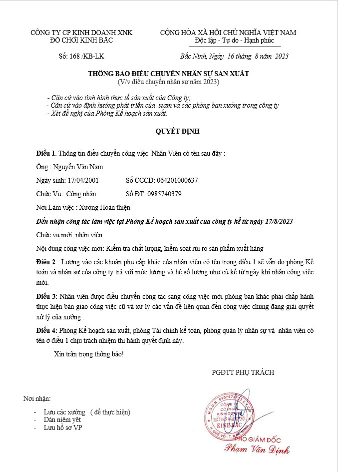 Thông báo điều chuyển nhân sự