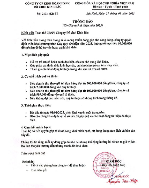 Thông Báo: Gây Quỹ Từ Thiện Năm 2025