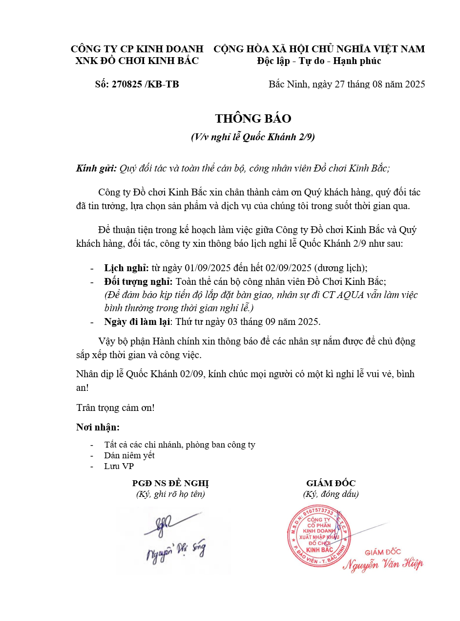 THÔNG BÁO NGHỈ LỄ QUỐC KHÁNH 2/9