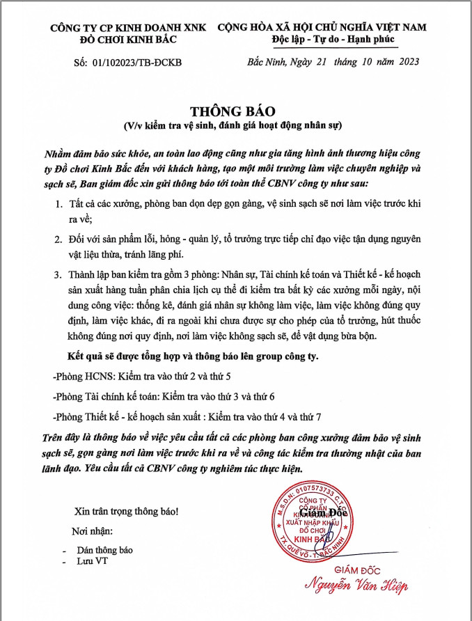 Thông báo về việc kiểm tra vệ sinh, đánh giá hoạt động nhân sự Đồ chơi Kinh Bắc