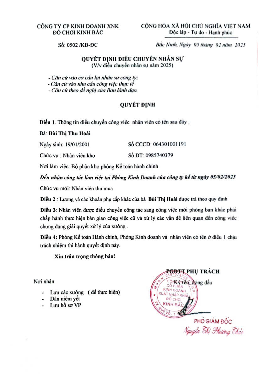 Thông Báo : Điều Chuyển Nhân Sự