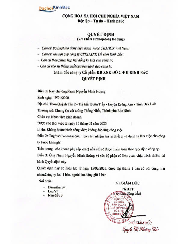 Thông Báo: Quyết Định Chấm Dứt Hợp Đồng Lao Động