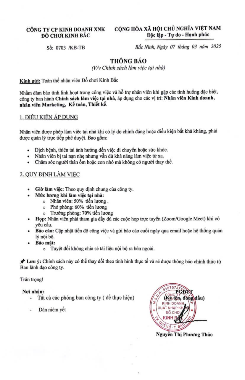Thông Báo: Chính sách làm việc tại nhà