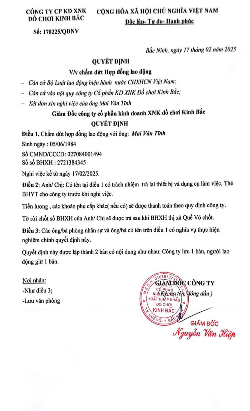 Thông Báo: Quyết Định Chấm Dứt Hợp Đồng Lao Động
