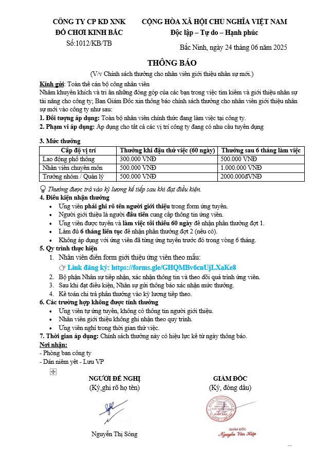 Thông báo chính sách thưởng cho nhân viên giới thiệu nhân sự mới