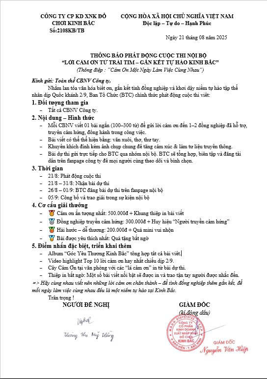 Thông Báo cuộc thi viết lời cảm ơn với chủ đề: “LỜI CẢM ƠN TỪ TRÁI TIM – GẮN KẾT TỰ HÀO KINH BẮC”