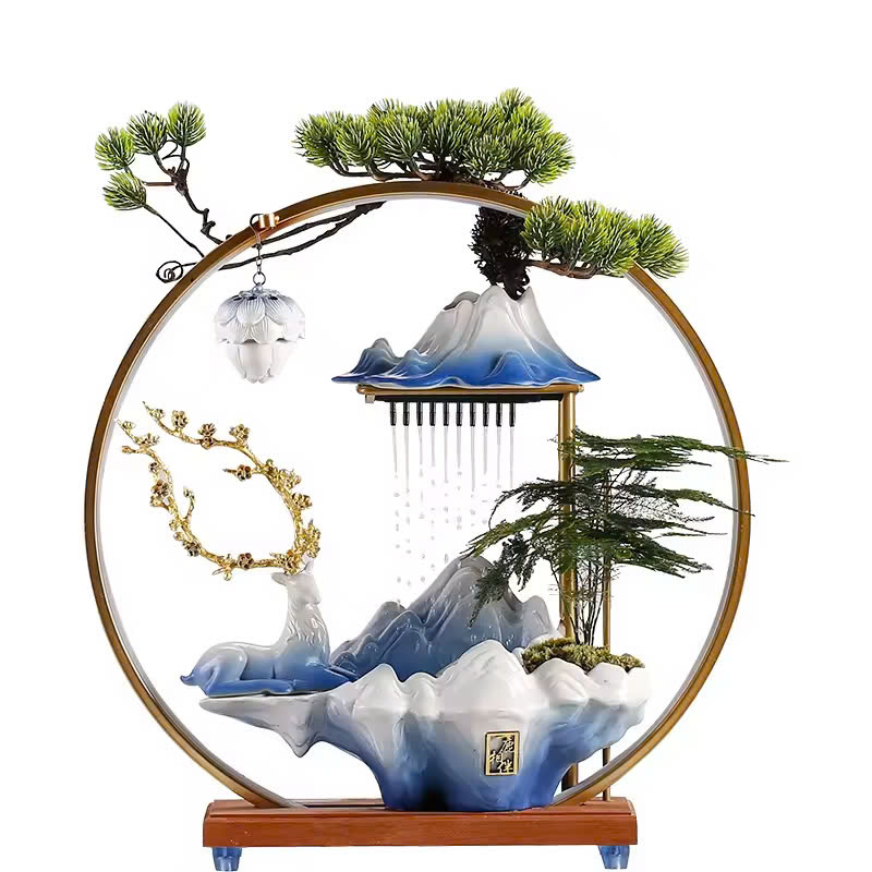 Thác Nước Phong Thủy Tượng Hươu Tài Lộc Kèm Kệ Led Hào Quang