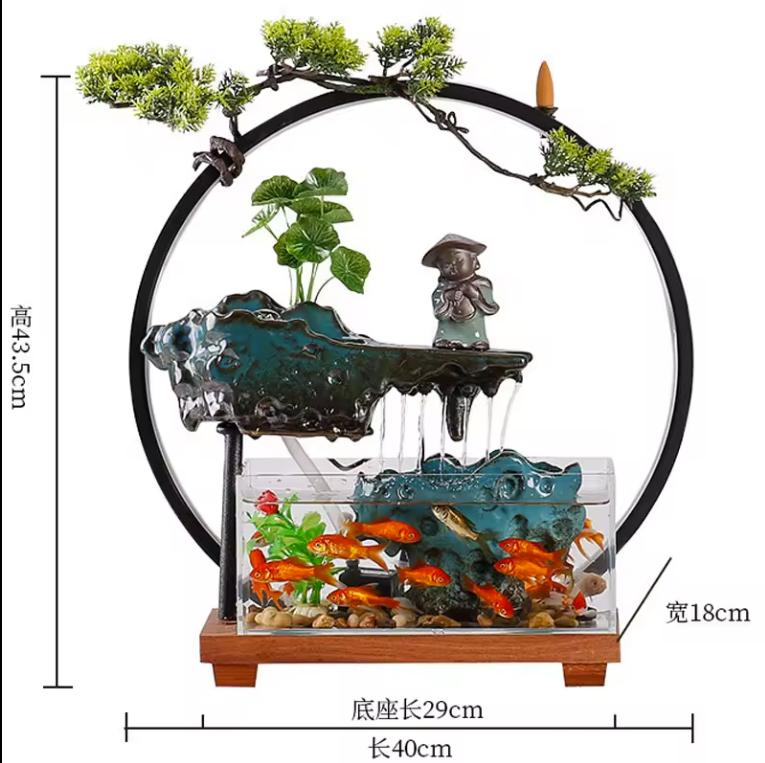 Thác khói trầm hương để bàn có bể cá mini