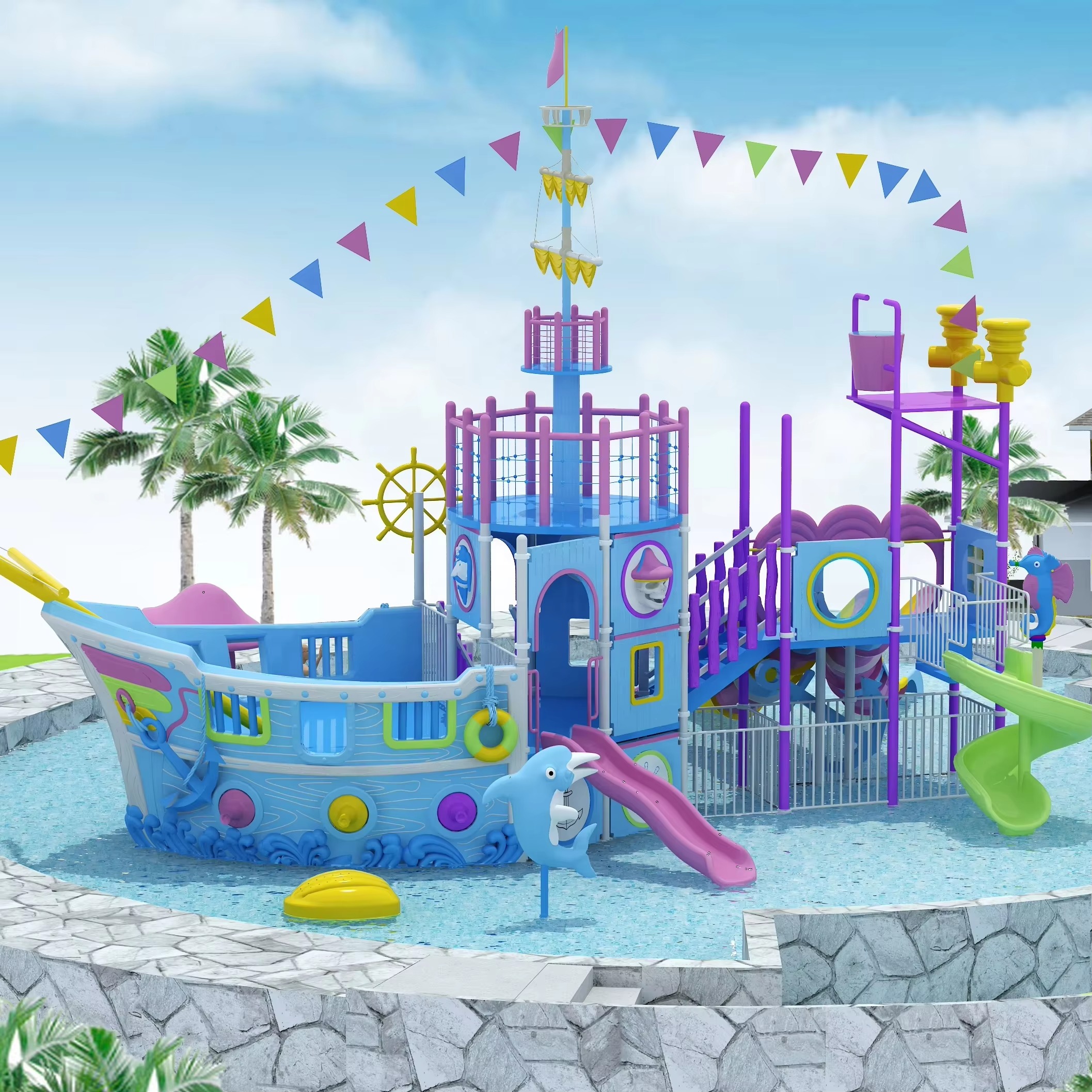 Thuyền cầu trượt liên hoàn bể bơi hồ bơi TLHCTKB Dochoikinhbac Cầu trượt liên hoàn vui chơi giải trí