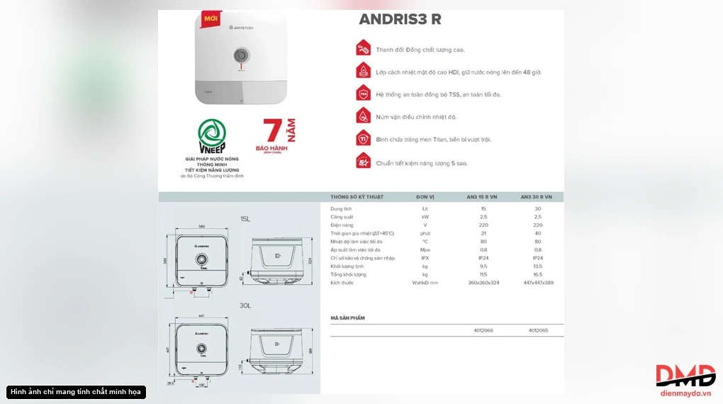 Bình nóng lạnh gián tiếp Ariston ANDRIS3 15 lít 2500W AN3 15R AG+