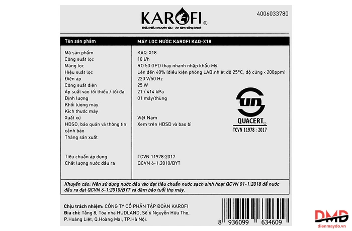 Máy lọc nước RO Karofi KAQ-X18