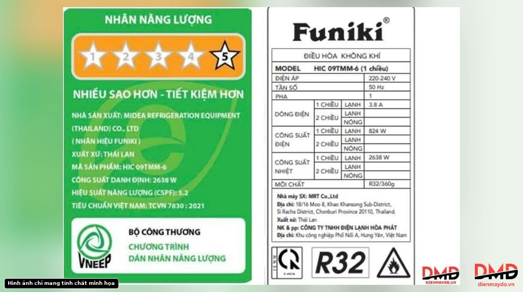 Energy efficiency label and technical specification sticker for Điều hòa Funiki Inverter 1 HP HIC09TMM-6