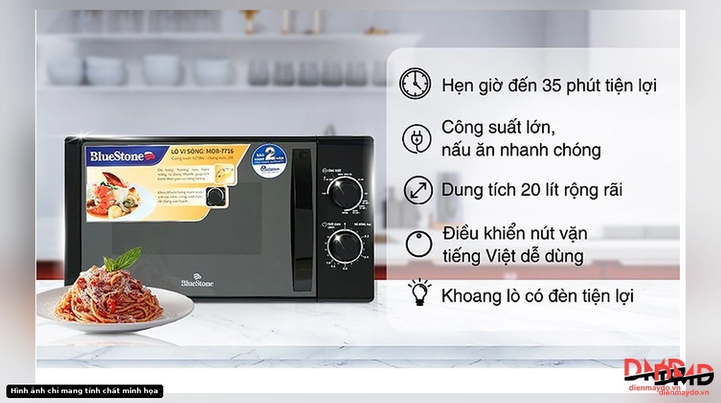 Lò vi sóng có nướng BlueStone MOB-7716 20 lít trong không gian bếp cùng thông tin các tính năng nổi bật