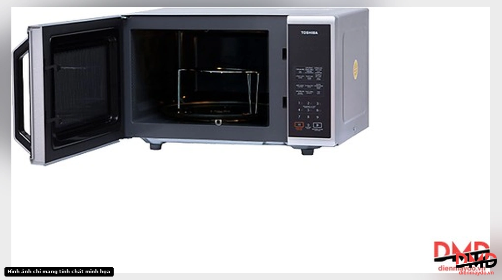 Angled view of Lò vi sóng có nướng Toshiba ER-SGS23(S1)VN 23 lít with fully open door showing interior and grill rack