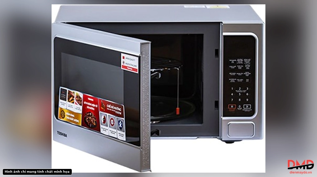 Angled front view of Toshiba ER-SGS34(S1)VN microwave oven with open door showing interior and grill rack