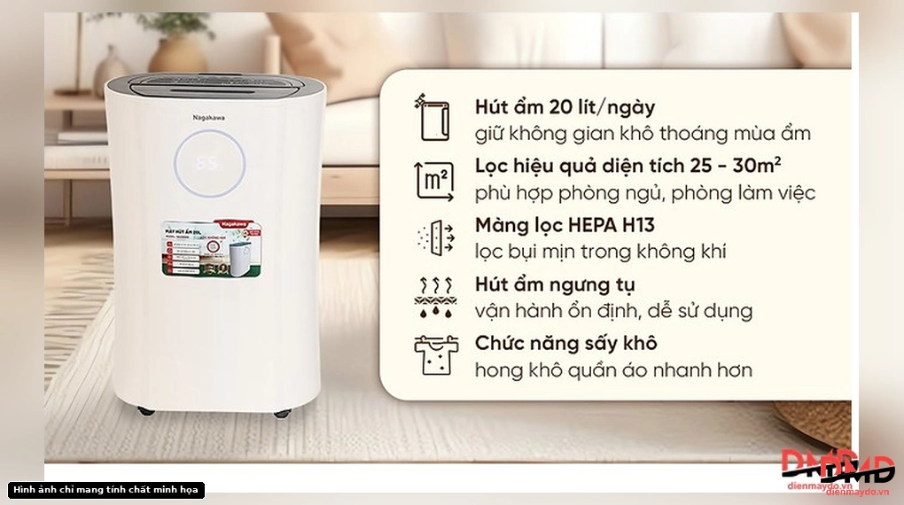 Máy hút ẩm kết hợp lọc không khí Nagakawa NAD8559 20 lít with key features list
