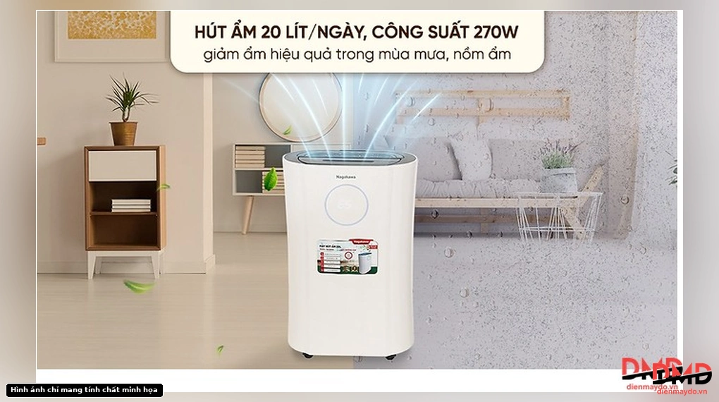 Máy hút ẩm kết hợp lọc không khí Nagakawa NAD8559 20 lít showing 20L/day capacity and 270W power
