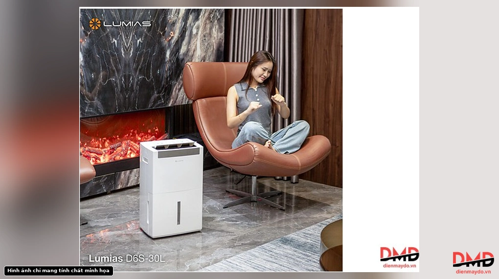 Máy hút ẩm Lumias D6S-30L 30 lít in a living room setting with a person sitting nearby