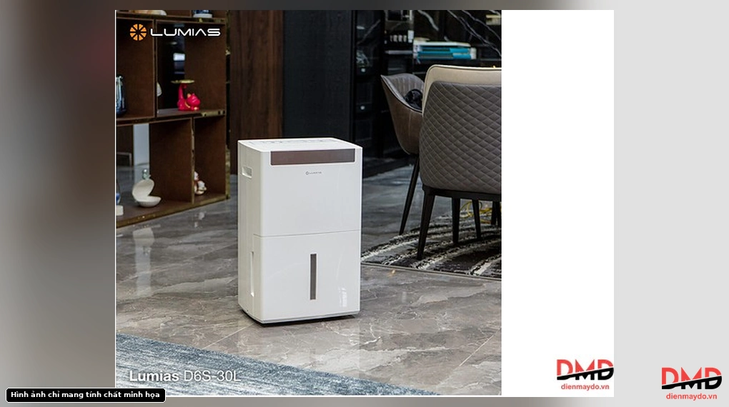 Máy hút ẩm Lumias D6S-30L 30 lít placed on a tiled floor in a modern room