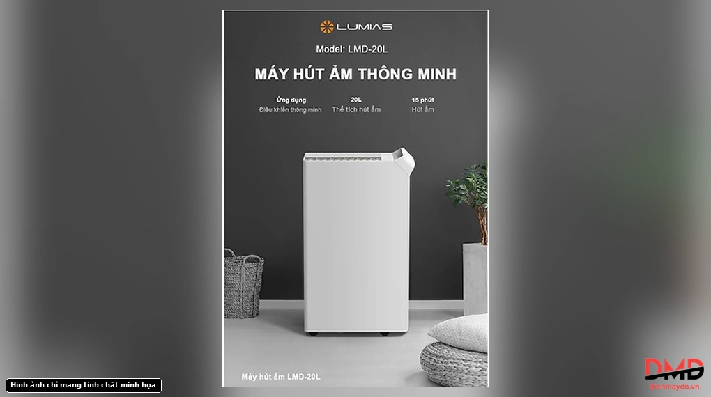 Front view of Lumias LMD-20L dehumidifier in a room setting
