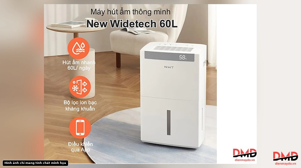 Máy hút ẩm WIDETECH WDH08E60FPW 60 lít in a living room showing 60L/day, silver ion filter, and app control features