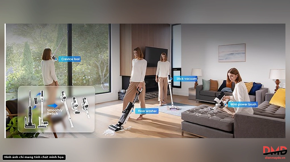 A woman using the Tineco FLOOR ONE Switch S7 Stretch with different attachments: crevice tool, floor washer, stick vacuum, and mini-power brush, with an inset showing how to smoothly switch them.