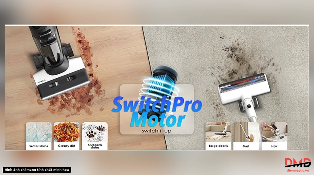 Illustration of the Tineco FLOOR ONE Switch S7 Stretch tackling wet spills on hard floors and dry debris on carpets, highlighting the SwitchPro Motor.