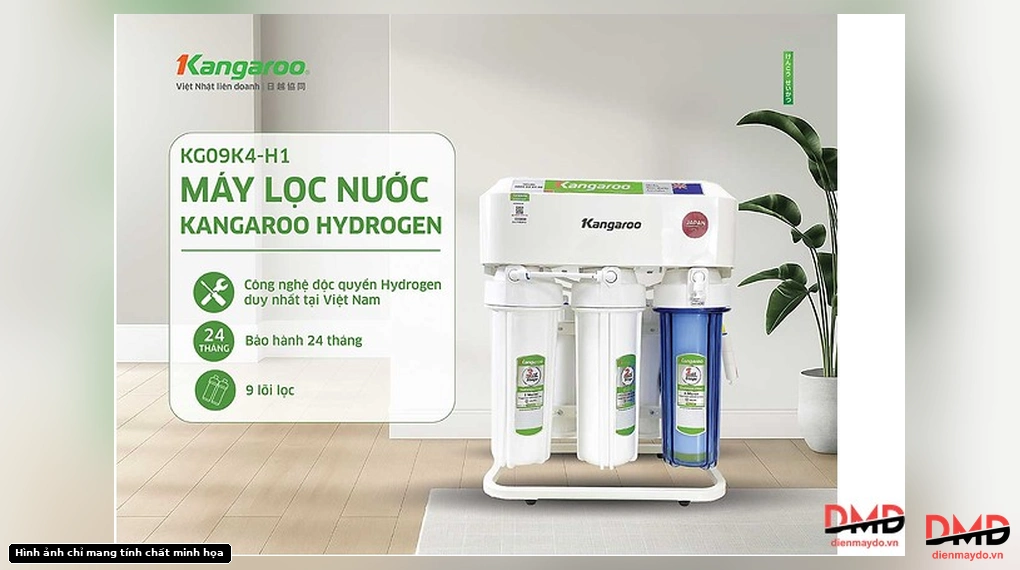 Máy lọc nước RO Hydrogen Kangaroo KG09K4-H1 9 lõi with product features and warranty information