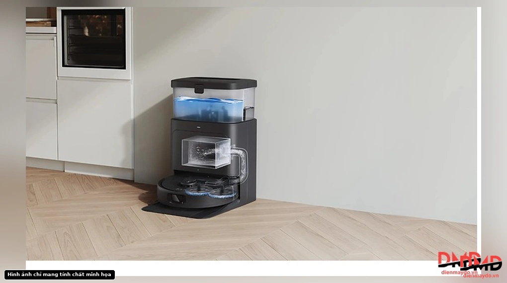 Ecovacs DEEBOT N30 OMNI robot vacuum docked in base station with cutaway view showing internal water system