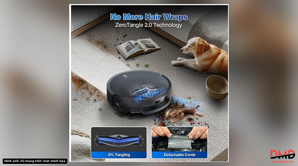 Ecovacs DEEBOT T50 MAX PRO OMNI demonstrating ZeroTangle 2.0 technology with a detachable comb on a rug