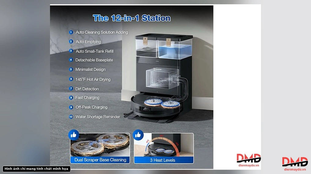 Ecovacs DEEBOT T50 MAX PRO OMNI 12-in-1 station highlighting auto-emptying, hot air drying, and dual scraper base cleaning
