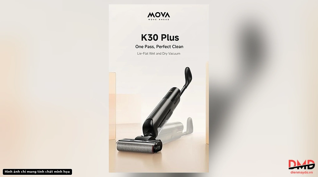 Mova K30 Plus vacuum cleaner promotional image demonstrating upright and lie-flat positions