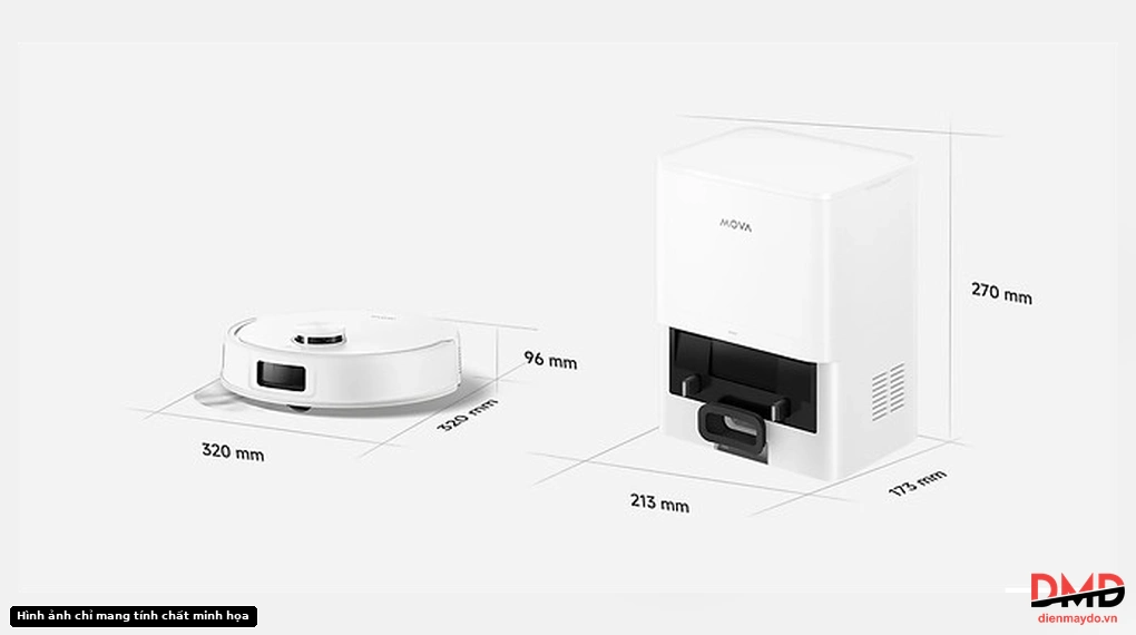 Dimensions of the Robot hút bụi lau nhà MOVA E20s Pro Plus and its base station