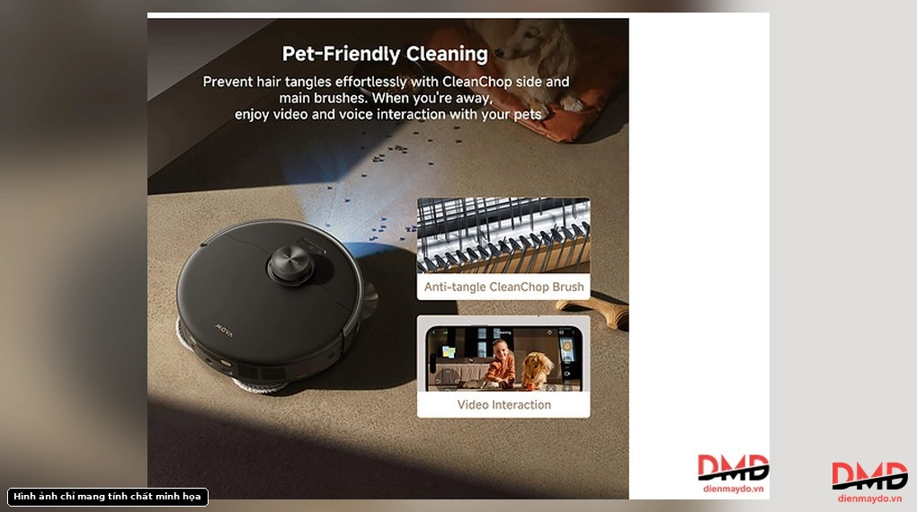 Robot hút bụi lau nhà MOVA P50 Pro Ultra cleaning floor, highlighting Anti-tangle CleanChop Brush and Video Interaction features