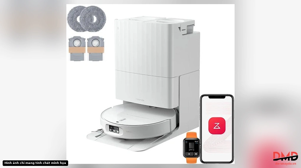 Robot hút bụi lau nhà Roborock Qrevo Edge 2 - Trắng docked in base station with accessories, smartphone, and smartwatch