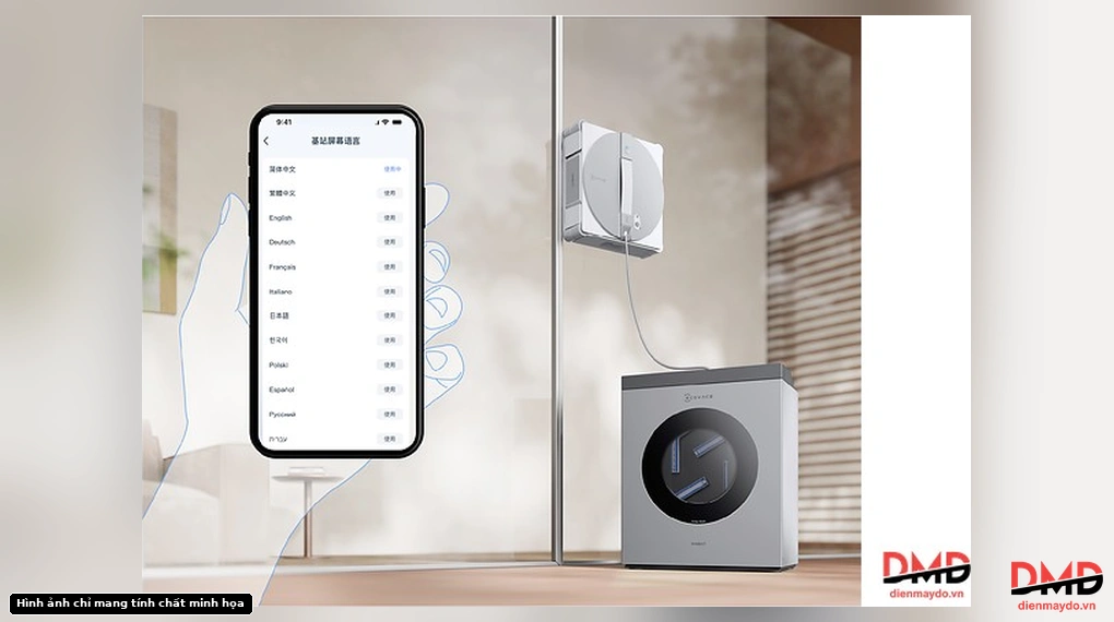 Robot lau kính Ecovacs WINBOT W3 OMNI smartphone app control interface and base station