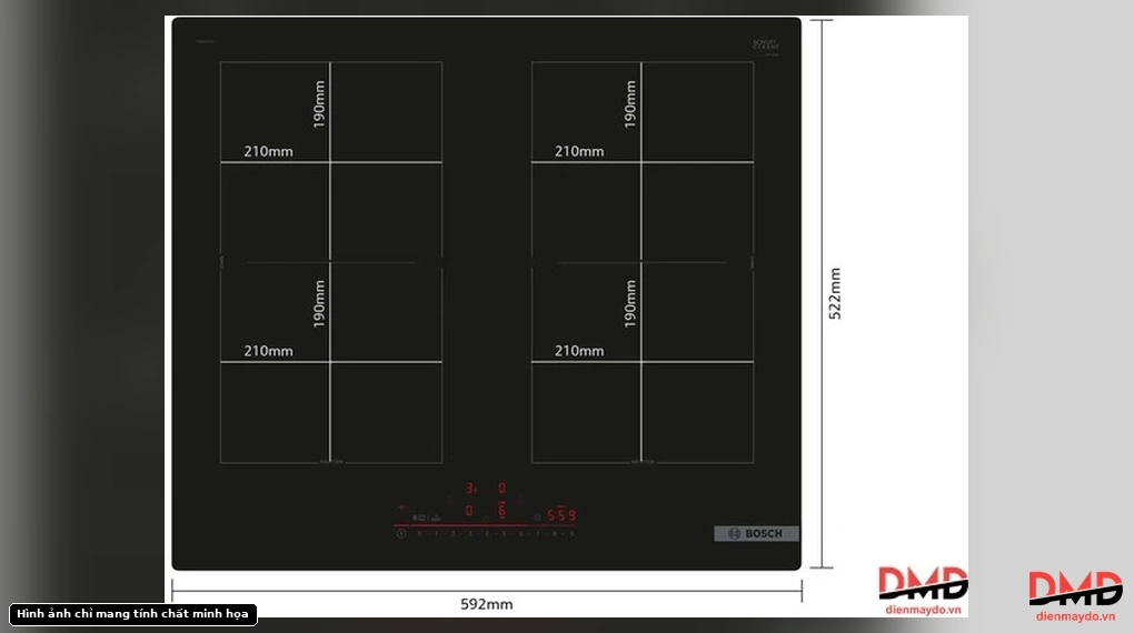 Top view of Bếp từ 4 vùng nấu Bosch PVQ61RHB1E with dimensions showing 592mm width and 522mm depth, and cooking zone sizes