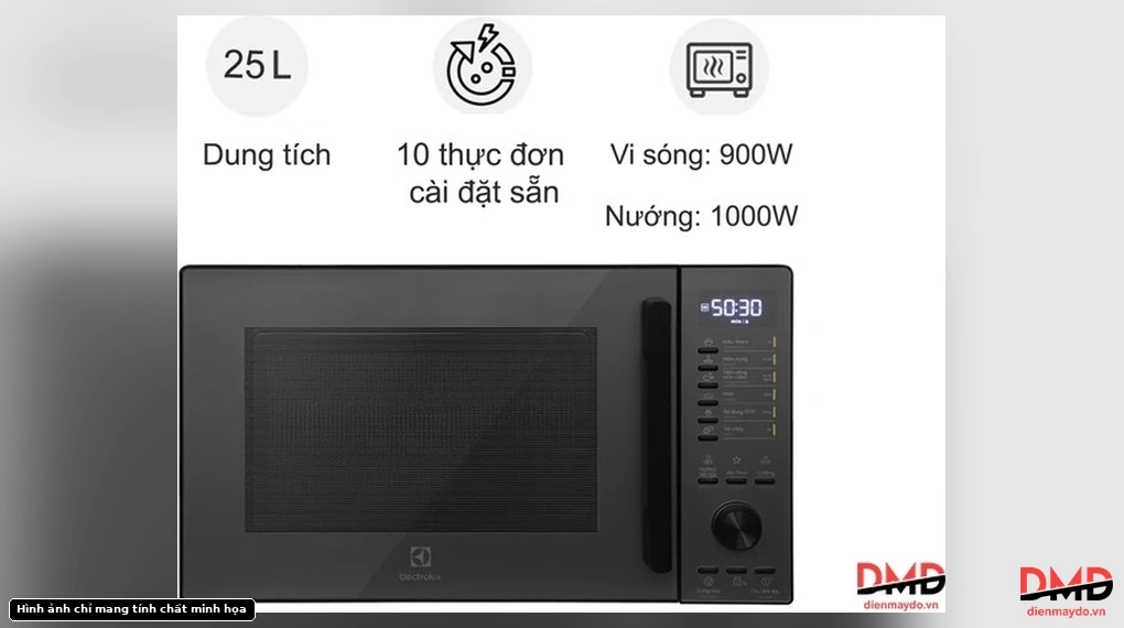 Mặt trước Lò vi sóng có nướng Electrolux EMG25D22BM 25 lít kèm thông số nổi bật