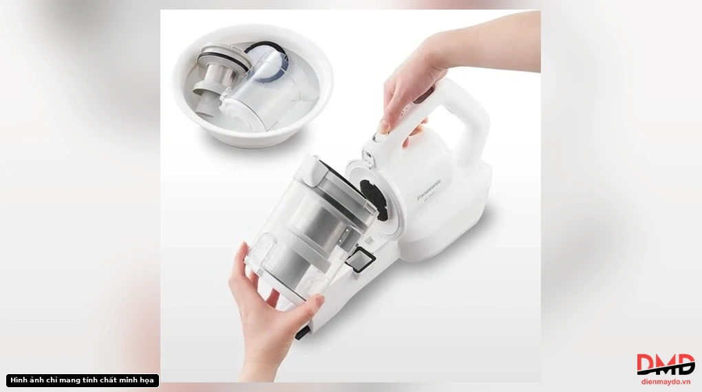 Detaching the dust bin of the Panasonic MC-SBV01W246 cordless vacuum cleaner and showing washable parts