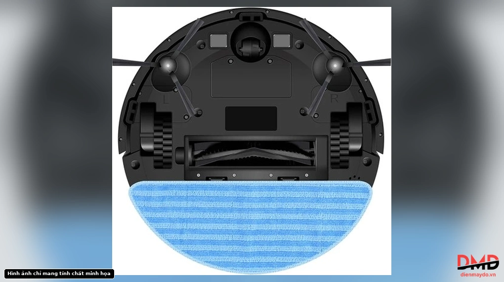 Bottom view of Robot hút bụi Shimono XR530 displaying drive wheels, side brushes, main roller brush, and attached blue mopping pad