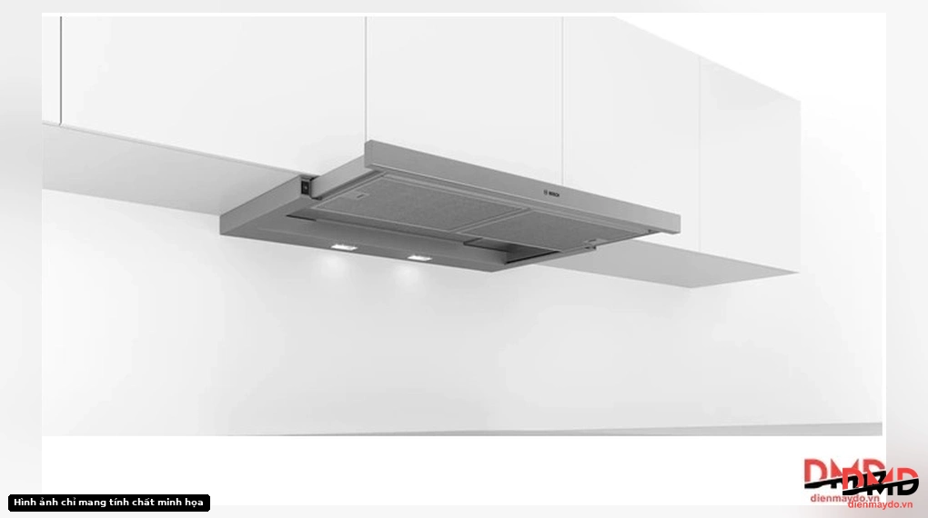 Máy hút mùi âm tủ Bosch DFM094W53 installed in a white kitchen cabinet, pulled out to show underside