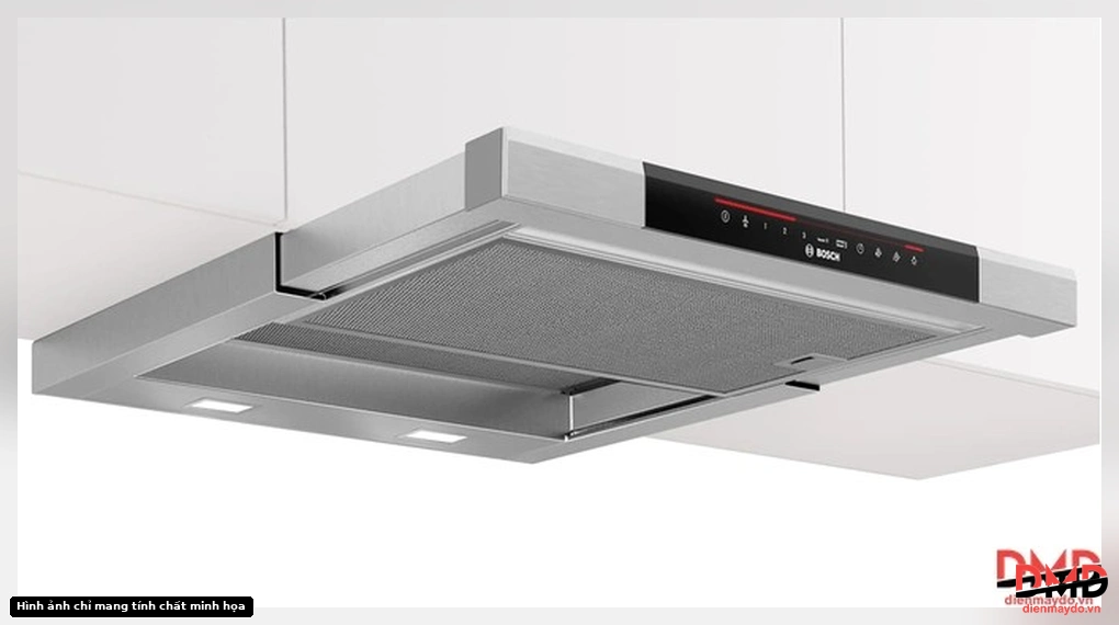 Angled bottom view of Bosch DFS067K51 range hood showing pull-out section and lights