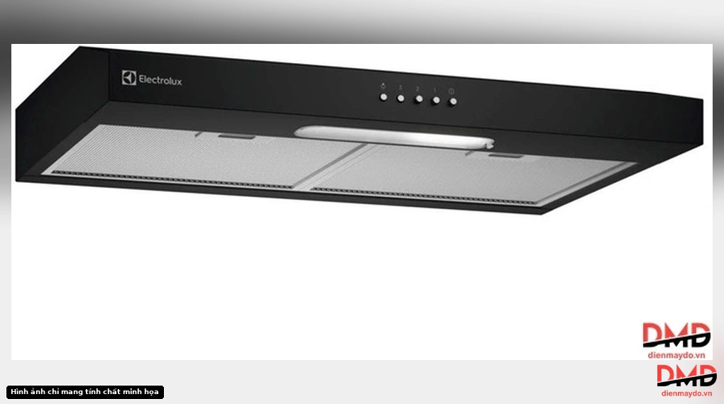 Angled view of the Electrolux ECF7311KB range hood showing the black finish, control buttons, LED light, and grease filters