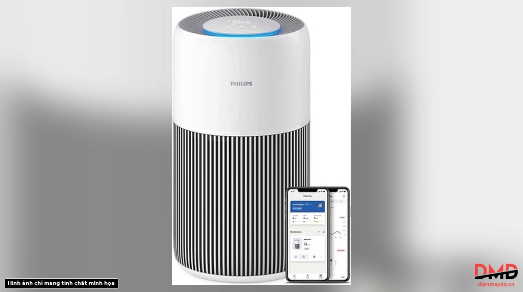 Máy lọc không khí Philips AC2220/10 shown with a smartphone displaying its companion app