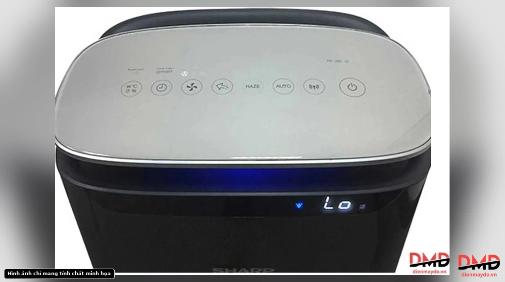 Top control panel and front display of Máy lọc không khí Sharp FP-J80EV-H showing 'Lo' status